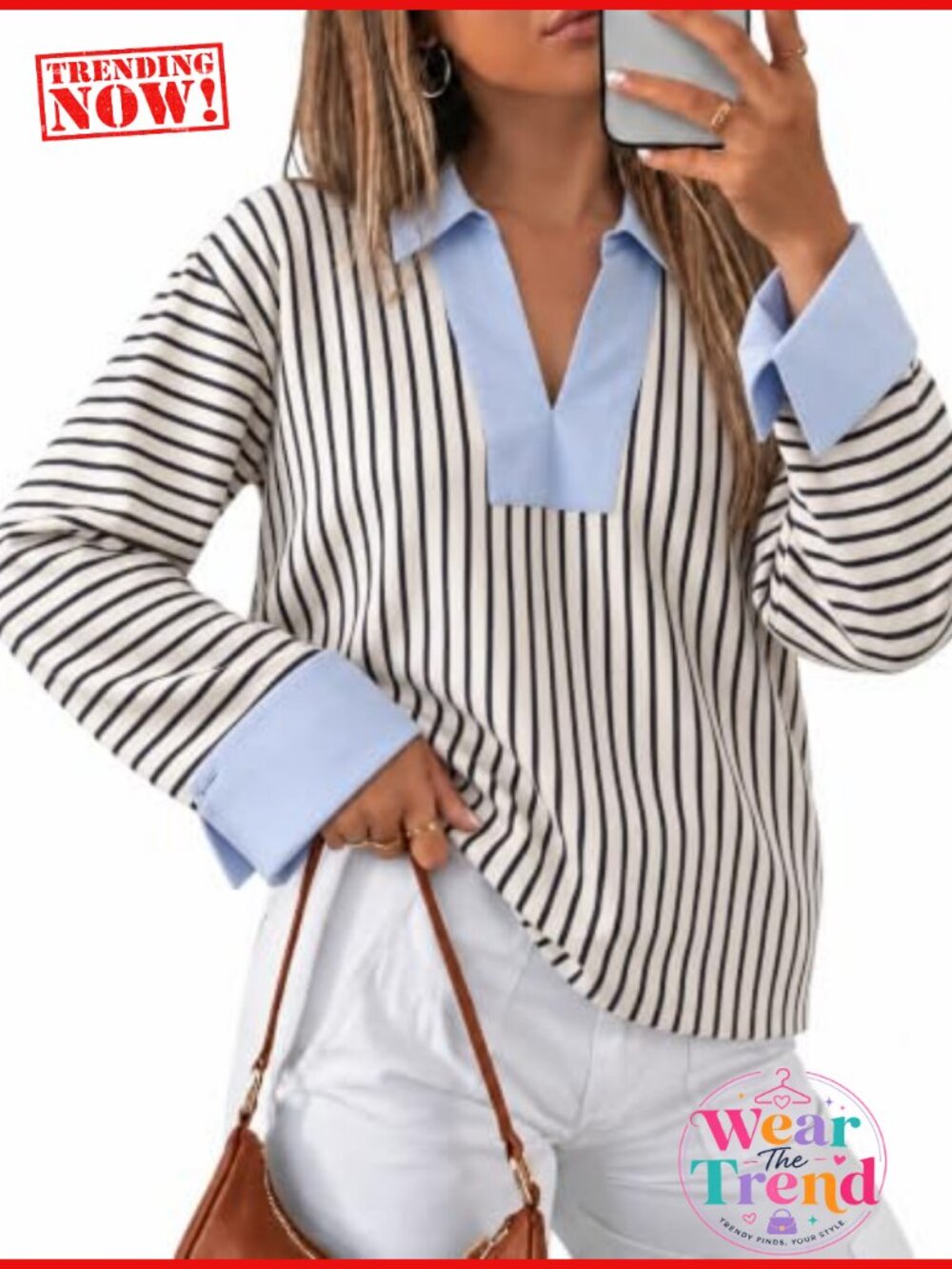Kedera Striped Collared V Neck Long Sleeve Work Tunic Blouse